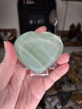 Pistachio Calcite Heart Crystal Carving W/ Stand